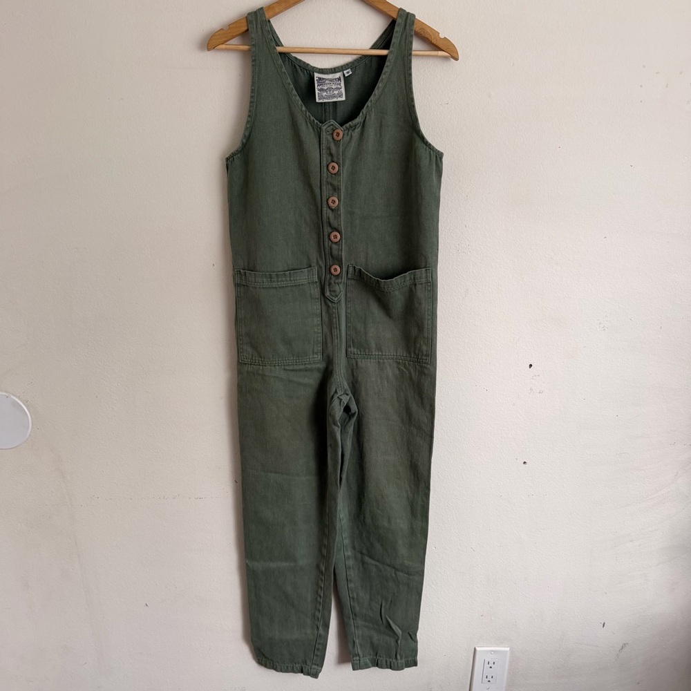 JUNGMAVEN Hemp Organic Cotton Button Front Jumper Jumpsuit S Green Twill Artsy